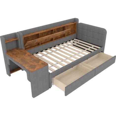 Letto a banquette 90 x 200 cm in lino grigio con scrivania, 2 cassetti, vani e USB Type-C (1/5)