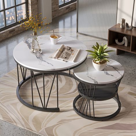 Lot de 2 Tables Basses Gigognes,Imitation Marbre Table Basse Ronde avec Structure en métal, Table d'appoint Salon Moderne - 70x70x45cm, 45x45x40cm - Black (1/5)