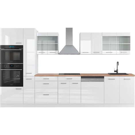 Cucina componibile R-Line, Bianco lucido/bianco, 350 cm con armadio alto, PL Rovere, Vicco