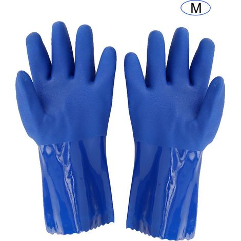 Gants de sécurité PVC à manches droites doublés coton tricoté, résistants aux produits chimiques, antidérapants (Taille M) (1/5)