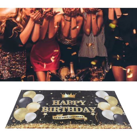 Dekorationen für eine erste Geburtstagsfeier (180 x 99 cm): schwarzes und goldenes „Happy Birthday“-Banner, Hintergrunddekoration, Poster. (1/5)