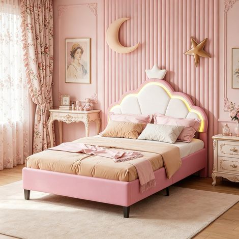 Lit Rembourré 90 x 200 cm, Lit Simple avec Sommier, Tête de Lit forme de nuage avec couronne, LED, Velours, Rose Blanc(Sans matelas) (1/5)