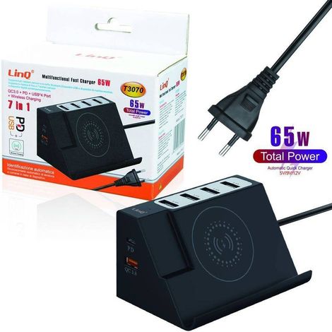 Chargeur Multifonction 7 En 1 65 W, 4 Ports Usb, Charge Sans Fil, Qc 3.0, Pd T3070