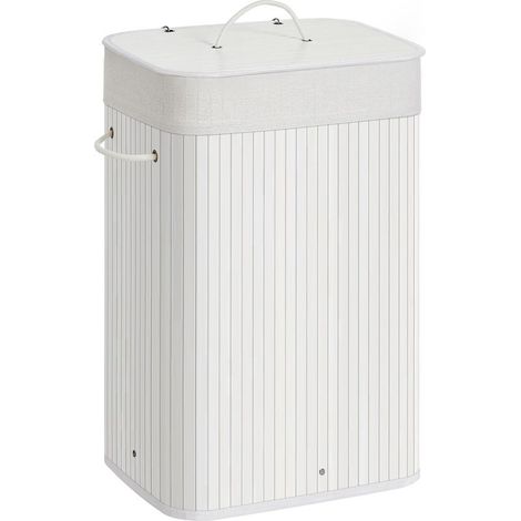 – Panier à linge en bambou blanc sur pied – Capacité 72 litres – Couvercle et sac en coton amovible – Structure métallique renforcée (1/5)