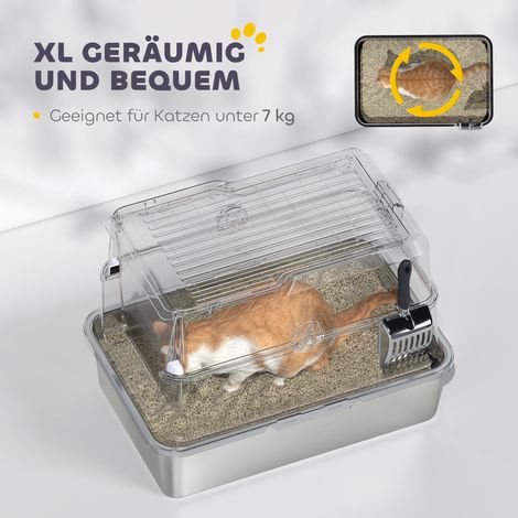 Litière pour chat, acier inoxydable, grand espace intérieur XL, avec pelle, gris clair (1/5)
