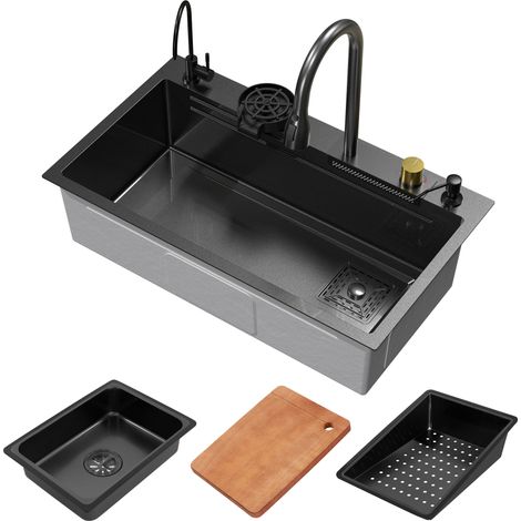 ML-Design Fregadero de Cocina 80x46 cm de Acero Inoxidable Antracita Lavabo Rectangular con 1 Cubeta Rectangular Bajo Encimera con Grifo Extraíble y Otros Accesorios Resisten a la Corrosión