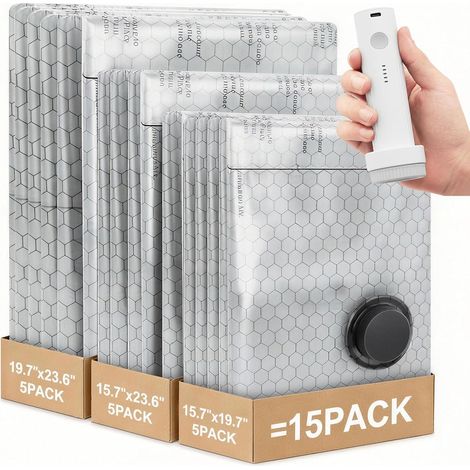 ac Sous Vide Vêtement Aspirateur avec Pompe Électrique Sans Fil Rechargeable, 15 Pack (5L, 5M, 5S), Sac de Rangement Sous Vide pour Vêtements, Valises et Voyage, Sac Compression Voyage Réutilisable (1/5)