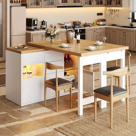 Îlot de cuisine extensible 120-197x40x73,8 cm, table pivotante à 360°, LED RGB par application, 4 tiroirs - Couleur Blanc/Noir (1/5)