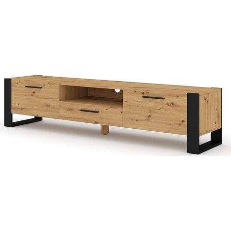 Bb-Loisir – Meuble TV 200 cm chêne artisan – 3 étagères fermées – Passe-câbles – Pieds élégants noirs (1/2)