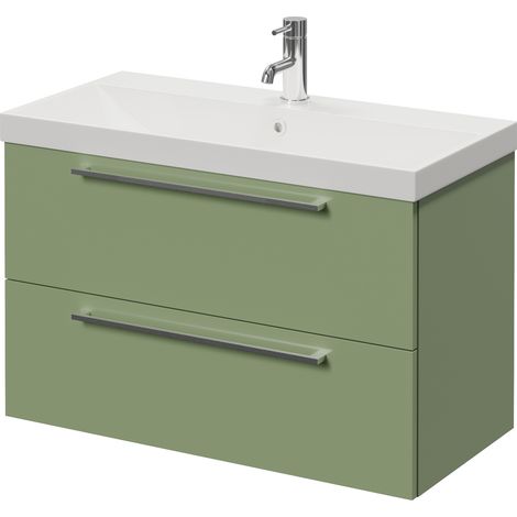 Napoli 390 Olive Green 800mm Wall Mounted 2 Drawer Vanity Unit with Rimini Basin - 800mm - Chrome 480mm Handle