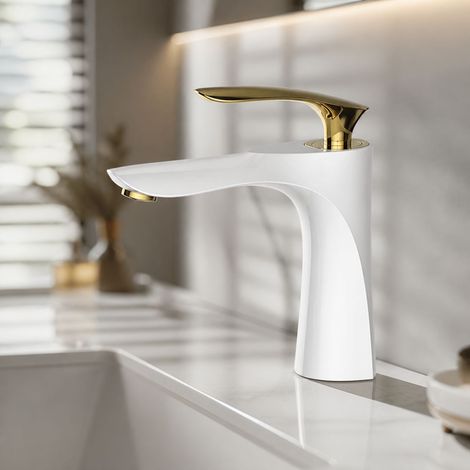 Robinet lavabo mitigeur salle de bain, laiton et alliage, finition dorée, design feuille d'érable, hauteur 180mm, bec 135mm (1/5)