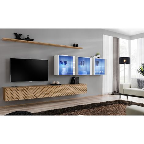 Ensemble de 6 meubles muraux "Switch XVII" pour TV en bois - Beige et Blanc - L 340 x H 150 x P 40 cm - Livraison gratuite