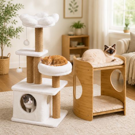 Bamboo Cat Furniture Set (2-Piece) – 2-Level Bamboo Cat Bed & 96 cm Flower Cat Tree (1/5)