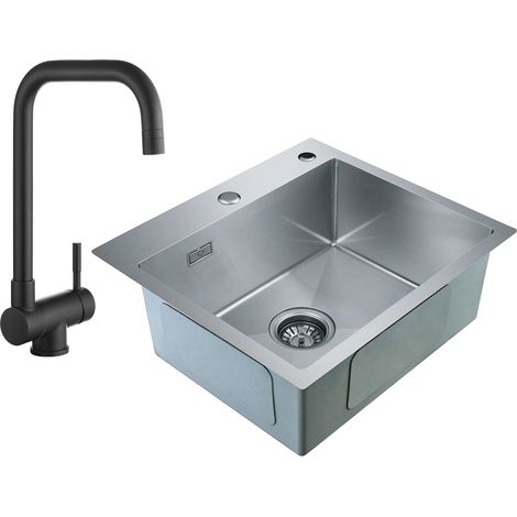 CECIPA 2 en 1 Lavelli da Cucina Trafilatura in Acciaio Inox 50 x 45 x 19 cm, Senza distributore di sapone + Rubinetto da Cucina Pieghevole come Sottofinestra Nero (1/5)