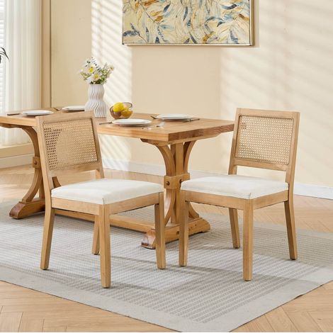 Lote de 2 sillas de comedor de lino con respaldo de ratán beige (1/5)