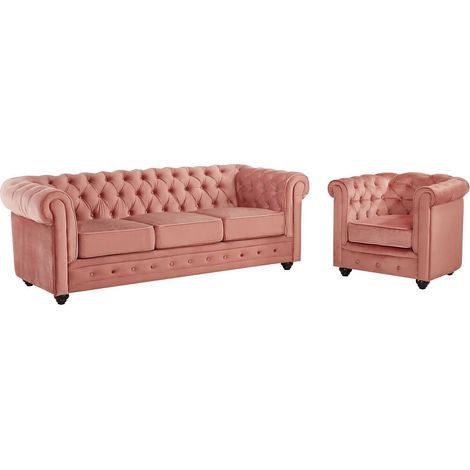 Canapé 3 places et fauteuil CHESTERFIELD - Velours rose pastel (1/5)