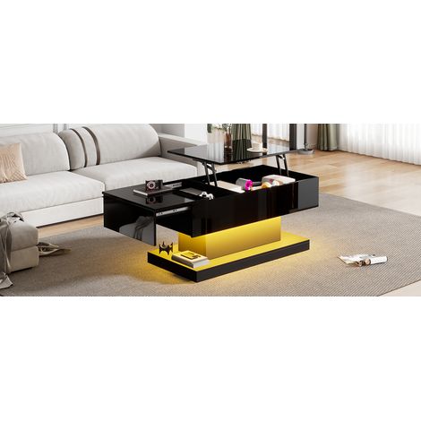 Table basse relevable brillante à LED 100x50x45 cm avec éclairage LED – plateau relevable à moitié et design coulissant latéral, levage hydraulique et espace de rangement (1/5)