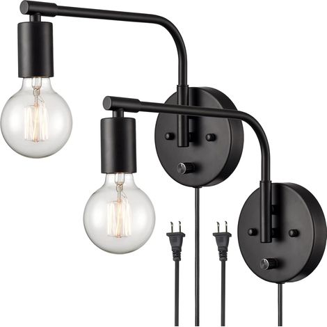 Lámpara de pared negra moderna de granja, juego de dos apliques de pared con brazo oscilante enchufables con interruptor para dormitorio (1/4)