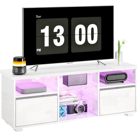 Meuble TV 120 cm, meuble télé pour téléviseur jusqu'à 55 pouces éclairage LED et télécommande étagères en verre blanc (1/5)