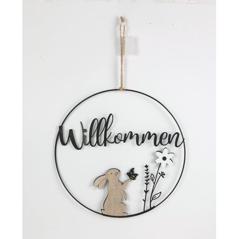 TrendLine Aufhänger Metall mit Niete Ostern Willkommen Ø 30 cm schwarz-weiß Osterkranz