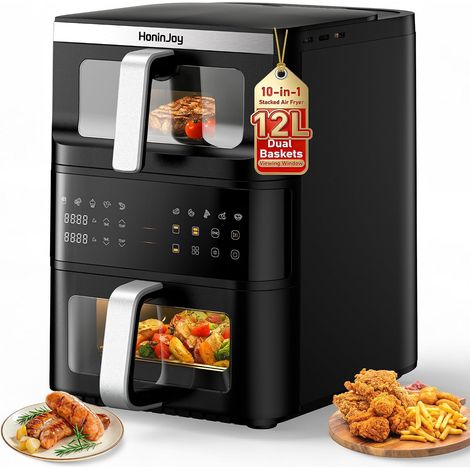 12L Air Fryer, Grand Double Compartiment Friteuse à Air Verticale Chaud Fenetre Visible 2 Tiroirs Écran tactile numérique 10-en-1Synchronisation Antiadhésif Lavable au Lave-vaisselle (1/5)