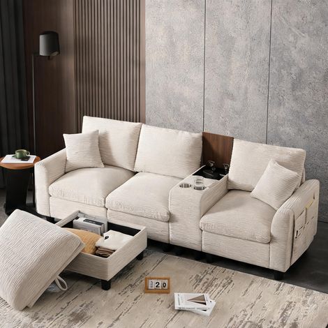 Canapé d'angle convertible en tissu beige avec console (1/5)