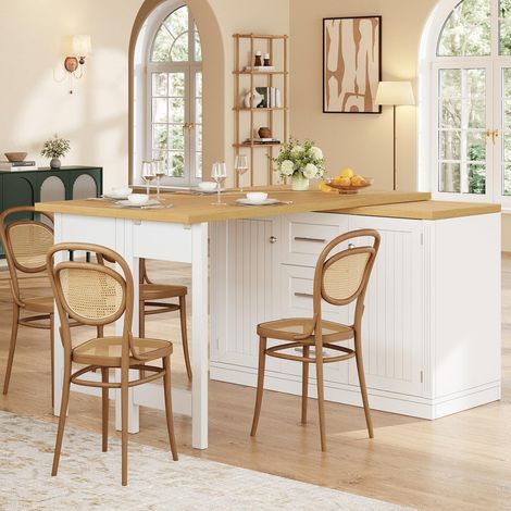 Îlot central extensible avec table pivotante 360°, meuble de cuisine multifonction avec tiroir, rangements intégrés et portes magnétiques, gain de place pour cuisine et salle à manger,blanc (1/5)