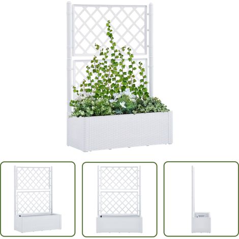 The Living Store Lit surélevé de jardin et treillis et système d'arrosage Blanc - Jardiniere - Pot De Fleurs - Bac À Plantation - Arrosoir Automatique - Plante Grimpante (1/5)
