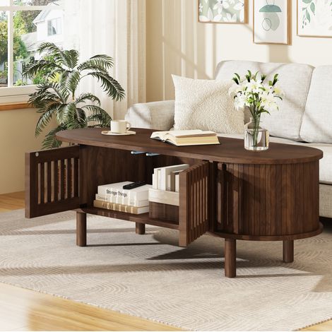 Table basse ovale 100 x 40 x 38 cm avec rangement, MDF, finition noyer HAVRYA (1/5)