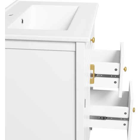 Freistehender Badschrank 61 cm Weiß mit Keramikwaschbecken, MDF, goldene Griffe (1/2)