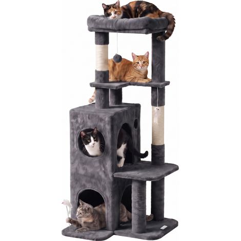 4-stöckiger Katzenbaum, 132 cm, mit Katzenhöhle, Bett, Plattform, Sisal-Kratzstämmen, Hängespielzeug, Dunkelgrau (1/5)