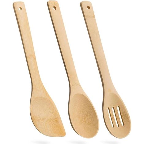 Cucharas madera cocinar, madera 3 piezas cuchara ranurada, cuchara madera espátula madera, bambú sartenes antiadherentes, bambú natural (1/5)