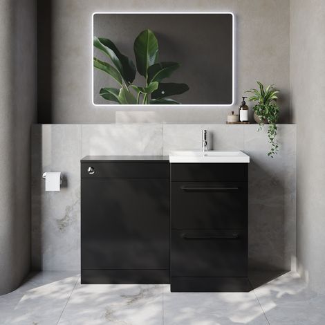 Napoli 390 Cento Matt Black 1100mm 2 Drawer Vanity Unit Toilet Suite with Glide Basin - 1100mm - Chrome 320mm HandleWithout Kingston Toilet Pan