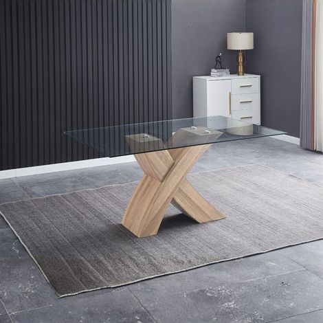 Tavolo fisso Duncan con piano in vetro e gambe incrociate effetto legno 150x90x76H (1/3)
