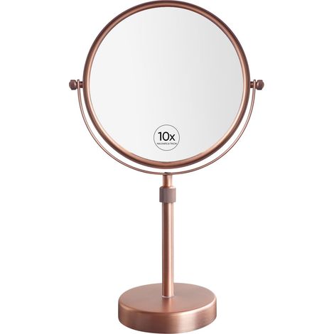 Miroir cosmétique réglable en hauteur en or rose mat - Miroir de maquillage debout 10x - Miroir de rasage avec grossissement, diamètre 20 cm