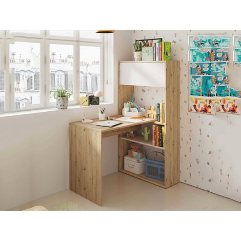 Dmora Schreibtisch Riverside, Umkehrbarer Eckschreibtisch mit Bücherregal, Arbeits- oder Bürotisch mit mehreren Positionen, cm 108x70h140, Weiße und Eichenäste (1/5)