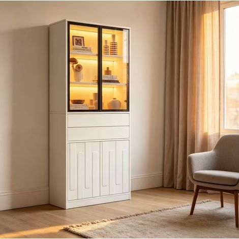 Vitrina alta LED 70 x 34 x 180 cm, 2 cajones y puertas de vidrio templado, blanca OKWISH (1/5)