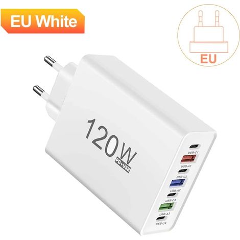 Ortviai – Chargeur mural 120 W à 7 ports – 4 USB-C et 3 USB-A, charge rapide, prise européenne – compatible iPhone, Samsung, Huawei et tablettes – blanc (1/5)