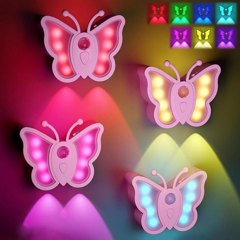 Veilleuse Papillon Rechargeable, 4 Pièces avec Détecteur de Mouvement, 7 Modes de Couleur, pour Escaliers, Chambres, Couloirs, Cuisines (1/5)