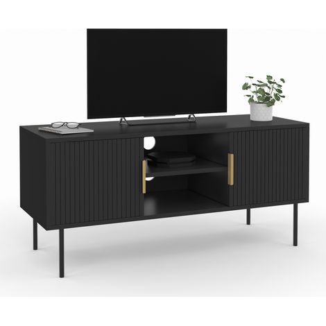 Idmarket – Meuble TV 110 cm noir – 2 portes lattes en bois et métal – Long plateau 110x40 cm – Compartiments ouverts pour matériel hi-fi (1/5)