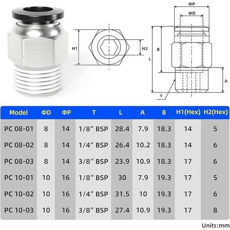 Raccords en cuivre mâle droits 8mm OD x 1/4 BSP PC8-02 (10 pièces)