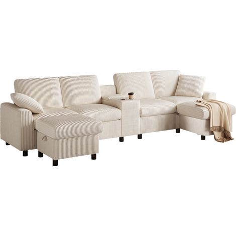 Canapé en velours côtelé en U, comprenant 2 poufs avec rangement, table basse, 2 porte-gobelets, 1 port USB, 2 prises et 2 ports Type-C beige(B315×H81×T135cm) (1/5)