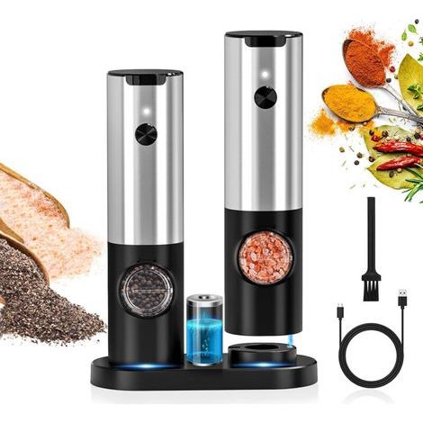 Electric Pepper Mill with Double Charging Base Pepper Shaker, LED Light, Automatic Salt Pepper Grinder