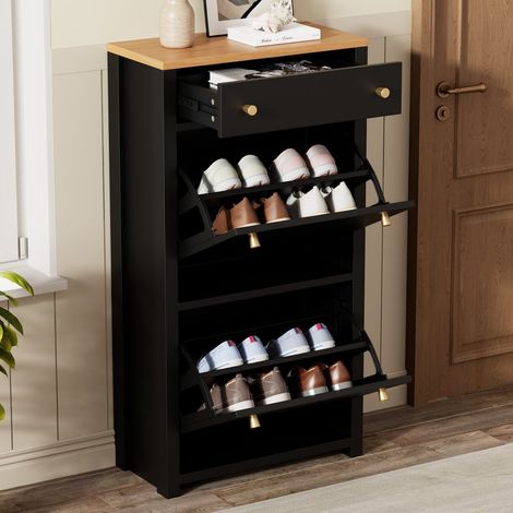 Meuble à chaussures moderne aspect bois/noire, tiroir et 2 abattants, étagères réglables poignées métal 50×24×95 cm entrée couloir (1/5)