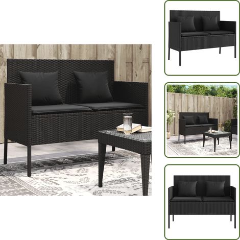 The Living Store Banc de jardin avec coussins noir résine tressée - Banc De Jardin - Meuble De Jardin - Résine Tressée - Rotin Artificiel - Stockage Extérieur