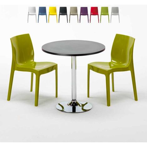 Table Ronde Noire 70x70cm Avec 2 Chaises Colorées Grand Soleil Set Intérieur Bar Café Ice Cosmopolitan - Vert (1/5)