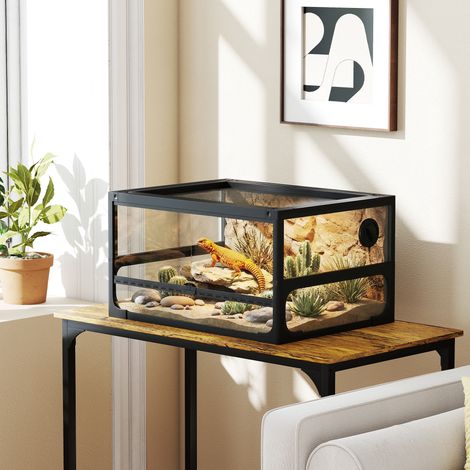 Noir - Terrarium reptiles pliable 60x45x32 cm, serrure, porte alimentation, vue 360°, verre trempé, lézards araignées