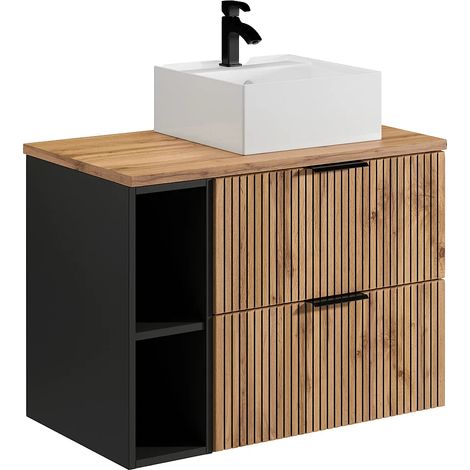 Mobile per bagno sospeso scanalature nicchie e lavabo da appoggio quadrato L80cm Naturale chiaro - MADELA (1/5)
