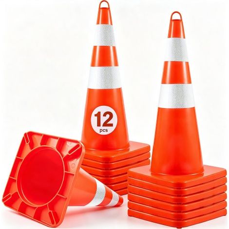 Cône Signalisation 12 Pièces 73 cm, Plot de Chantier Orange en PVC, Cône de Sécurité avec Base Lestée et 2 Colliers Réfléchissants, pour Délimitation Stationnement d’Urgence en Route Parking (1/4)