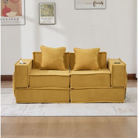 Sofá 2 plazas de chenilla amarillo mostaza 162x78x66 cm con 2 cojines y bolsillos laterales (1/5)
